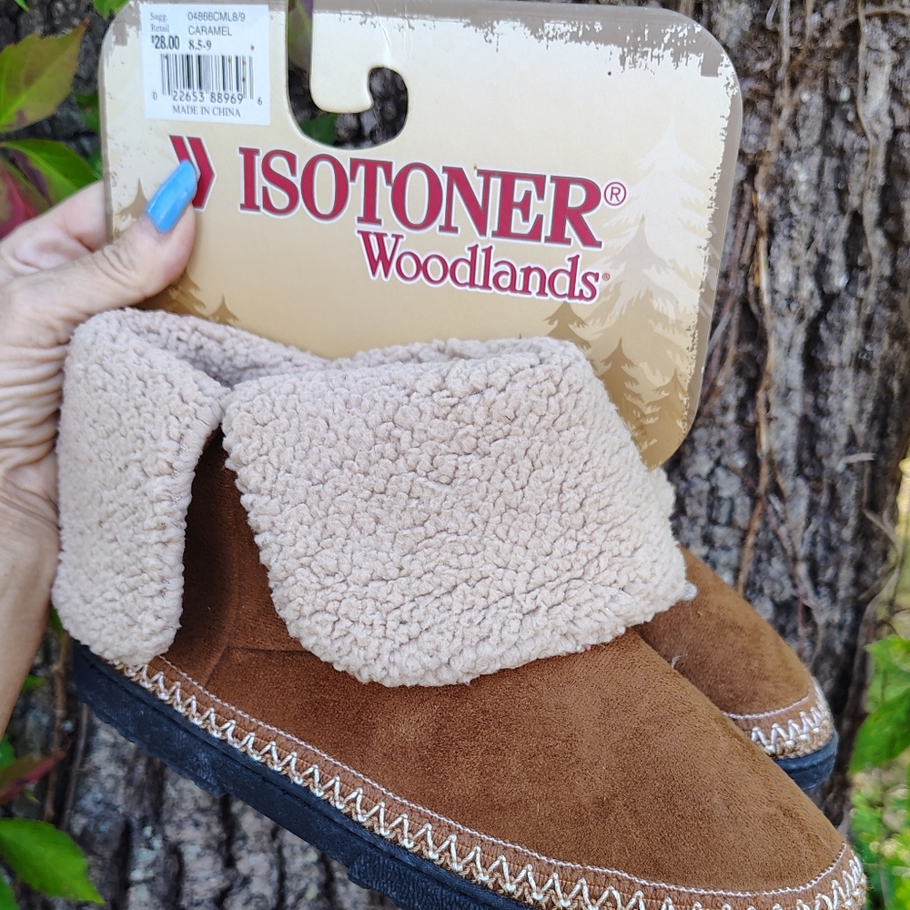 IDOTONER WOODLANDS SZ 8 1/2 -9 WOODLANDS HARD BOTTOM FLEECE LINED SLIPPERS NEW - Picture 1 of 5